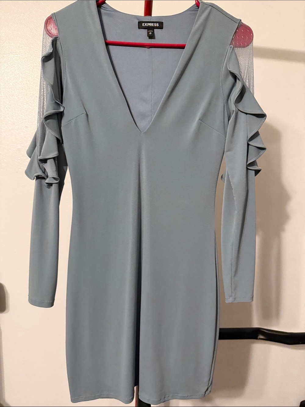 Express Dusty Blue V-Neck Long Sleeve Ruffle Cold-Shoulder Dress